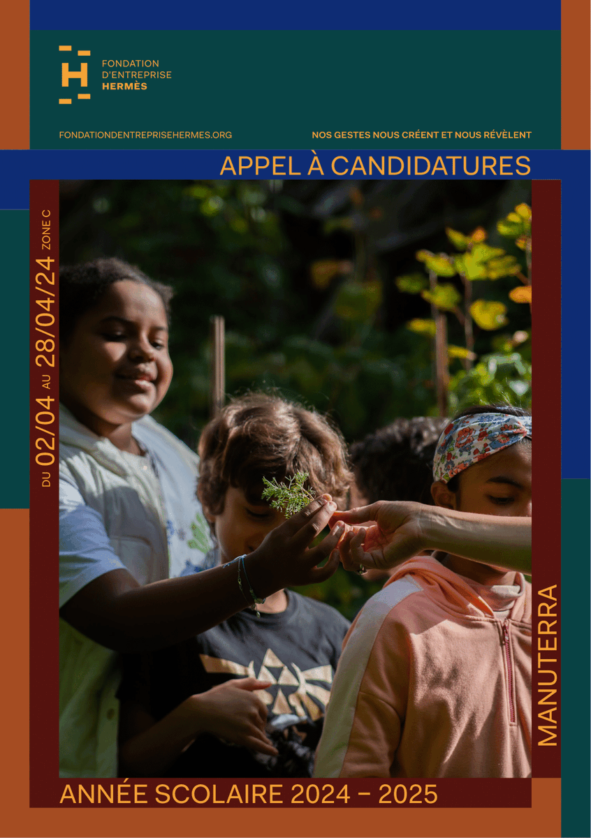 2 dispositifs pédagogiques pour éveiller aux gestes de l'artisanat et initier à la permaculture, c'est Manufacto & Manuterra, créés par la Fondation d'entreprise Hermès. L'appel à candidatures pr les établissements de la zone C est ouvert jusqu'au 28/04 : fondationdentreprisehermes.org/fr/appels-cand…