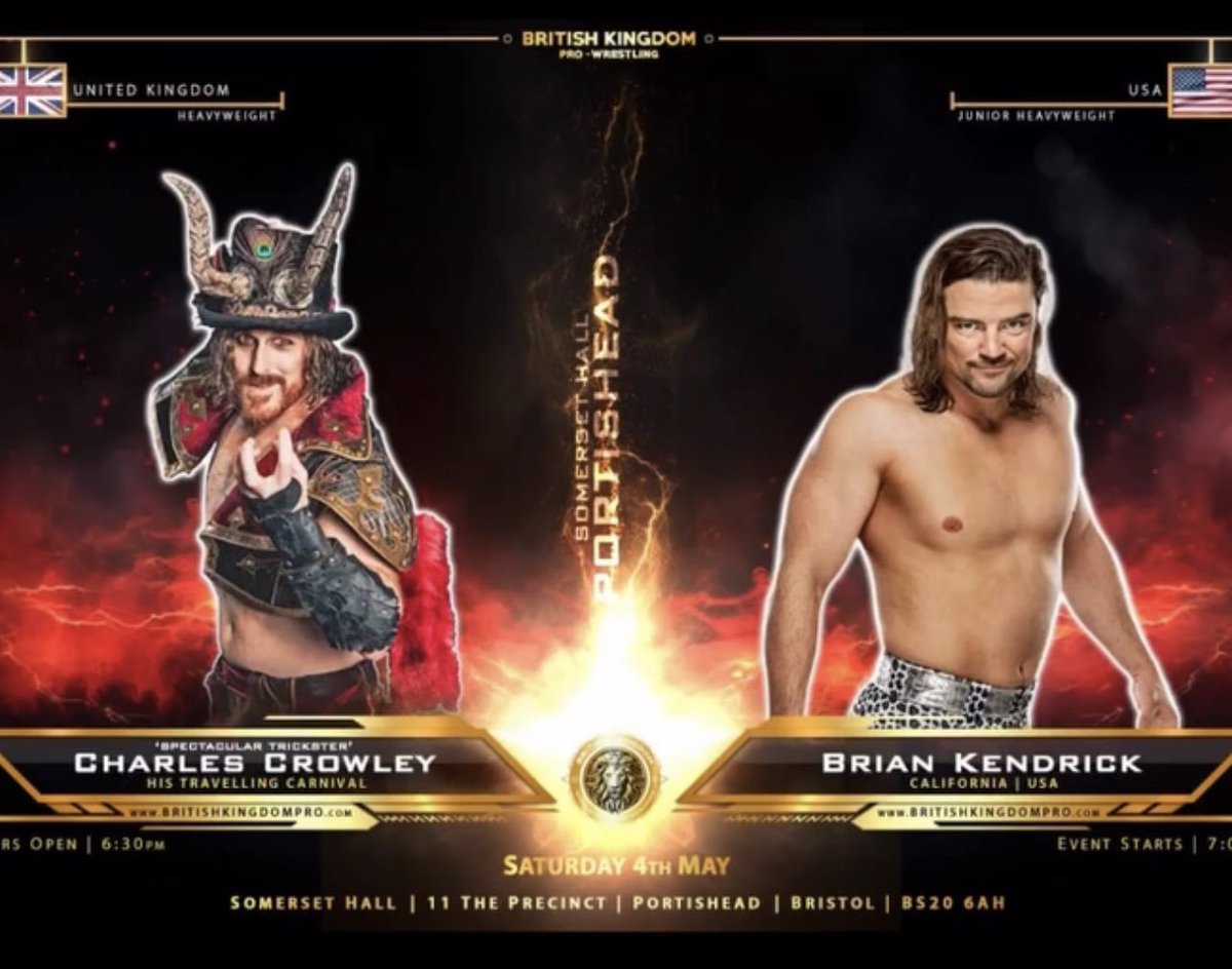 Match intéressant pour le show du 4 Mai de la @BritKingPro. @CrowleyCarnival fera face à @mrbriankendrick