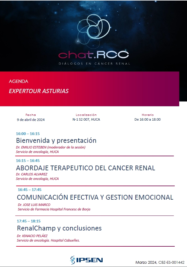 RECORDATORIO: Diálogos en Cáncer renal, con el patrocinio de @IpsenGroup. Hoy martes 9 de abril desde las 16:00 h en la sala N-1 S2 007 @HUCA_Asturias. ispa-finba.es/dialogos-en-ca…