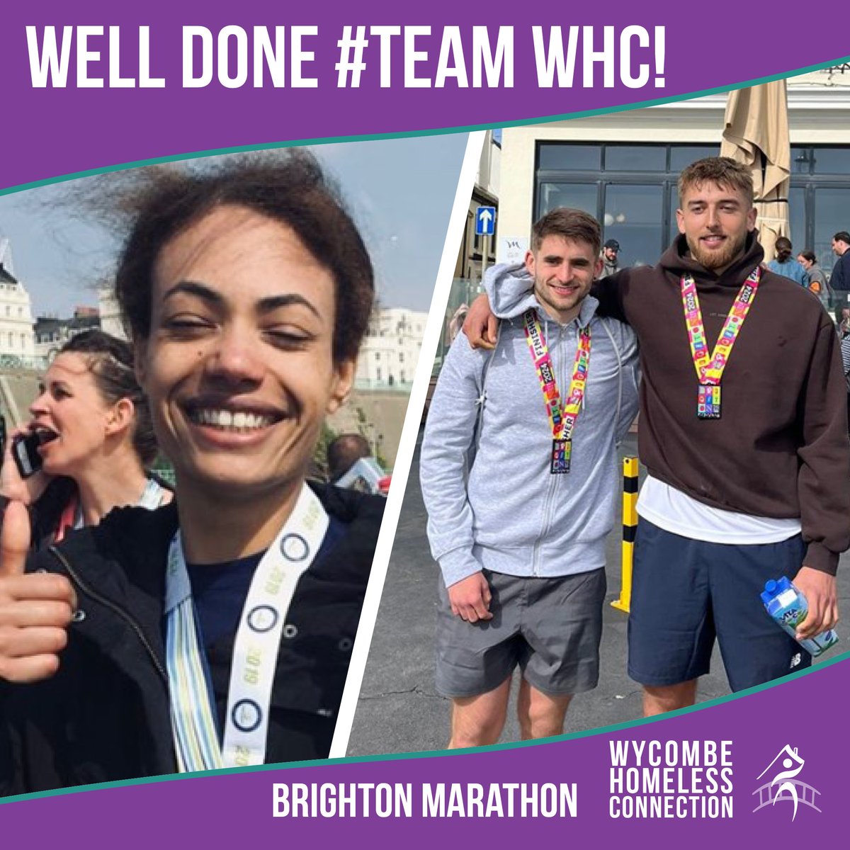 Congratulations to Deborah and friends Elliot and Adam #TeamWHC who competed The Brighton Marathon on Sunday 7 April to raise money for Wycombe Homeless Connection! It’s not too late to sponsor them: Deborah: justgiving.com/page/deborah-w… Elliot and Adam: justgiving.com/page/elliot-he…