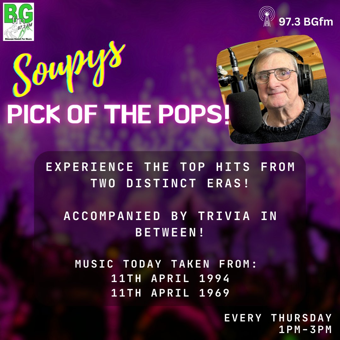 It's PICK OF THE POPS!
Today we are delving into music from 11th of April 1969 and the 11th April 1994!
Can you guess what songs Soupy might be playing?
Tune in to to find out! #BlaenauGwent

Listen online, FM or on our app!
streamdb9web.securenetsystems.net/cirruspremier/… 🎧
-
#Bgfmcommunityradio #BGfm