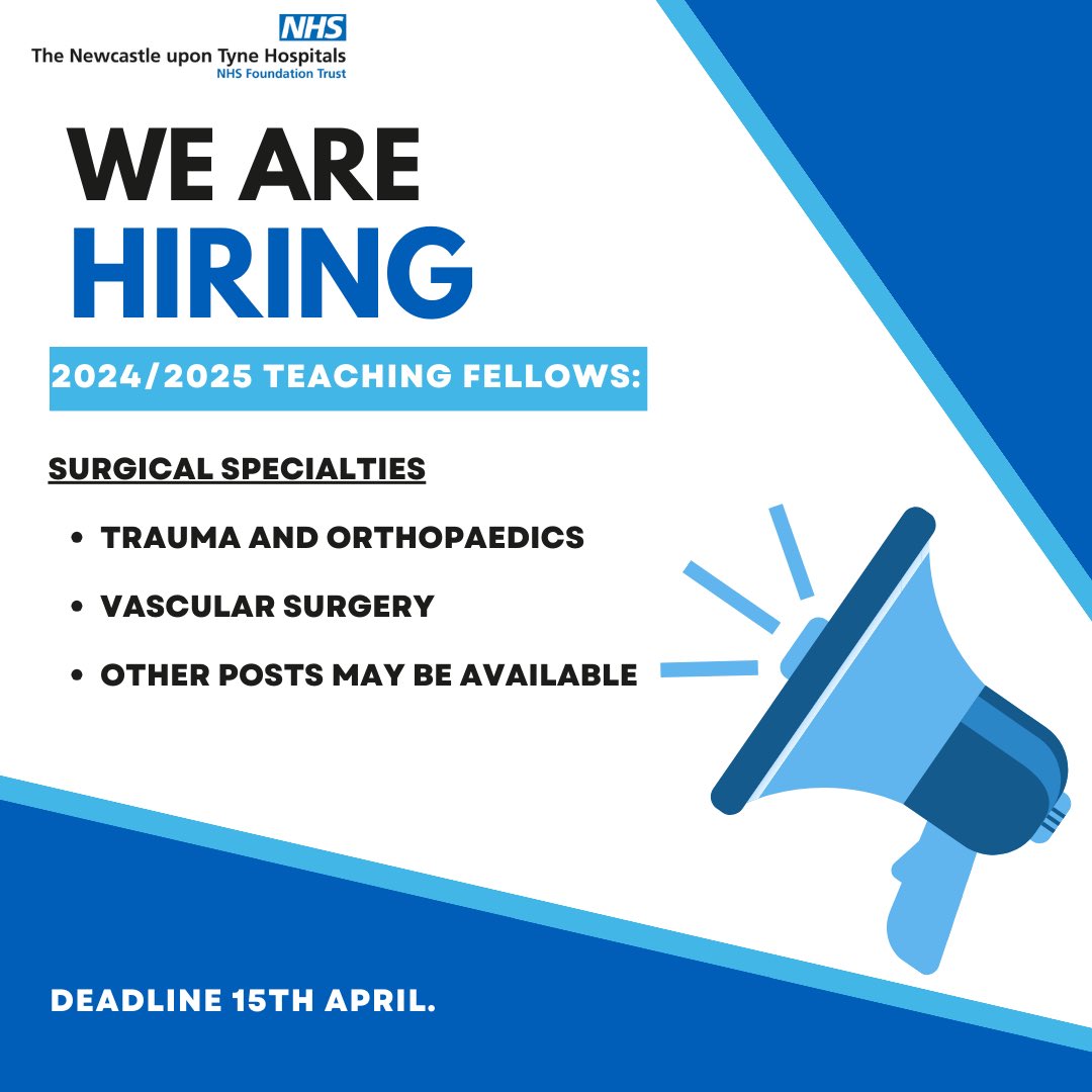 Medical Education @ Newcastle Hospitals (@nuthmeded) on Twitter photo WE ARE HIRING ๐๐
The Medical Education team are looking for our next cohort of Teaching Fellows in Surgical specialties.
Apply on Trac here๐๐
jobs.nhs.uk/candidate/jobaโฆ
<a href="/nhsfyp/">NHS Find Your Place</a> WE ARE HIRING ๐๐
The Medical Education team are looking for our next cohort of Teaching Fellows in Surgical specialties.
Apply on Trac here๐๐
jobs.nhs.uk/candidate/jobaโฆ
<a href="/nhsfyp/">NHS Find Your Place</a>