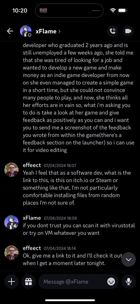 OliverDimes's tweet photo. @ArchangeLDG Yeah I noticed m8, tried to get me to install some fake game here is the scene shots of the convo. Changed your name mid convo fyi https://t.co/LLUPhwLWi0