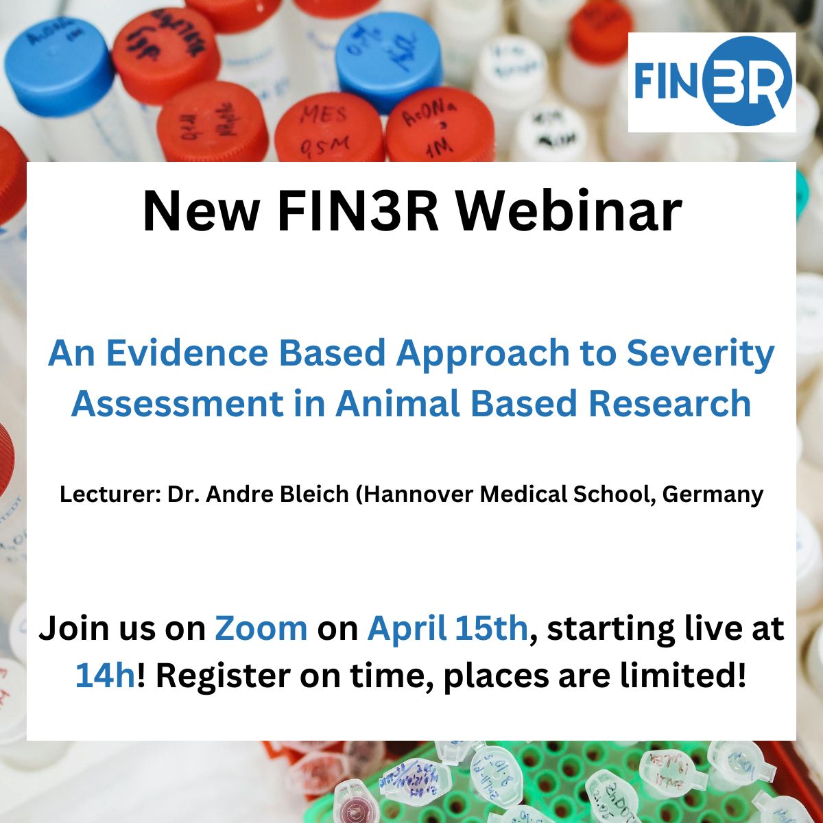 Make sure your afternoon of April 15th is free! #FIN3R is hosting a #webinar from 14-15 ⏰ This time we are discussing #severityassessment in #animalresearch with Dr. Andre Bleich from @MHH_life More information: fin3r.fi/en/news See you in Zoom! #3Rs #refinement
