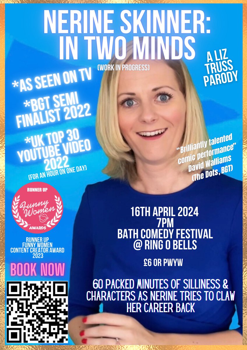 A week today until my show @BathComedyFest at Ring O Bells! 7pm 16th April. Do come along! It’s a work in progress, so lots of new bits. Would love to see you there 🥰
Link to book: 
bathcomedy.com/whats-on?id=16…