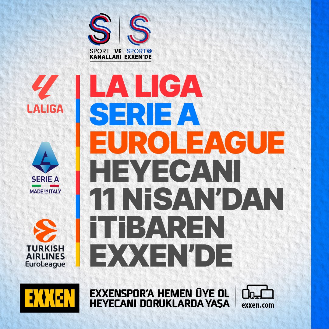S Sport ve S Sport 2 kanalları, tüm yayın akışlarıyla Exxen’de olacak. Başta La Liga, Serie A ve Euroleague olmak üzere NBA, Wimbledon gibi dünyanın en önemli spor organizasyonları heyecanı 11 Nisan’dan itibaren canlı yayınlarla Exxenspor üyeleriyle buluşuyor.