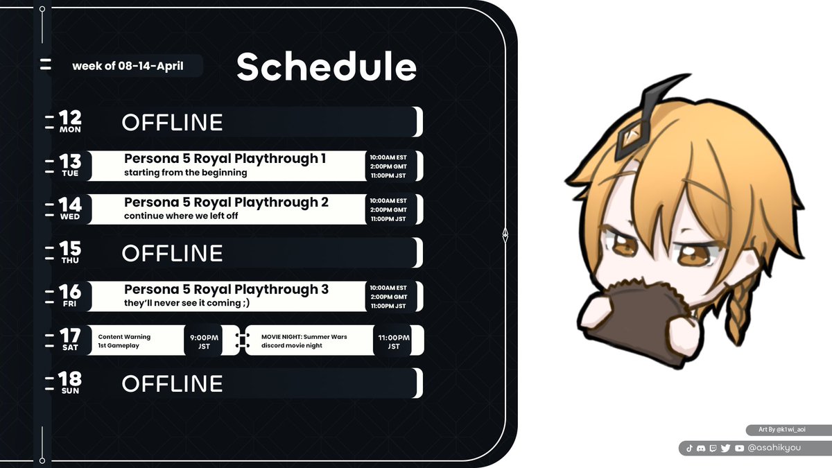 AsahiKyou's tweet photo. 5TH WEEK OF STREAMING

A week full of Persona 5 Royal topped off with some Content Warning and a movie night

Tags:
⁜ Art: #saiKYOUart
⁜ Clips and Memes: #ahaKYOU
⁜ Fan name: #Kyoudai
⁜ Live: #KyouTime
⁜ Oshi mark: ☀️✨🤍

Hope to see you there!
~Naak

#Vtubers #VtuberEN https://t.co/Q2zVzNXDNK