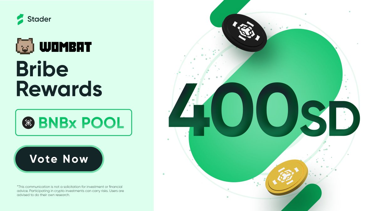 Unlock extra rewards on @WombatExchange! Vote for the BNBx pool with your $veWOM And secure your share of the 400 SD bribe reward. Hurry up though, rewards will be gone within 24hrs! Vote Now: bit.ly/3vH2CvH