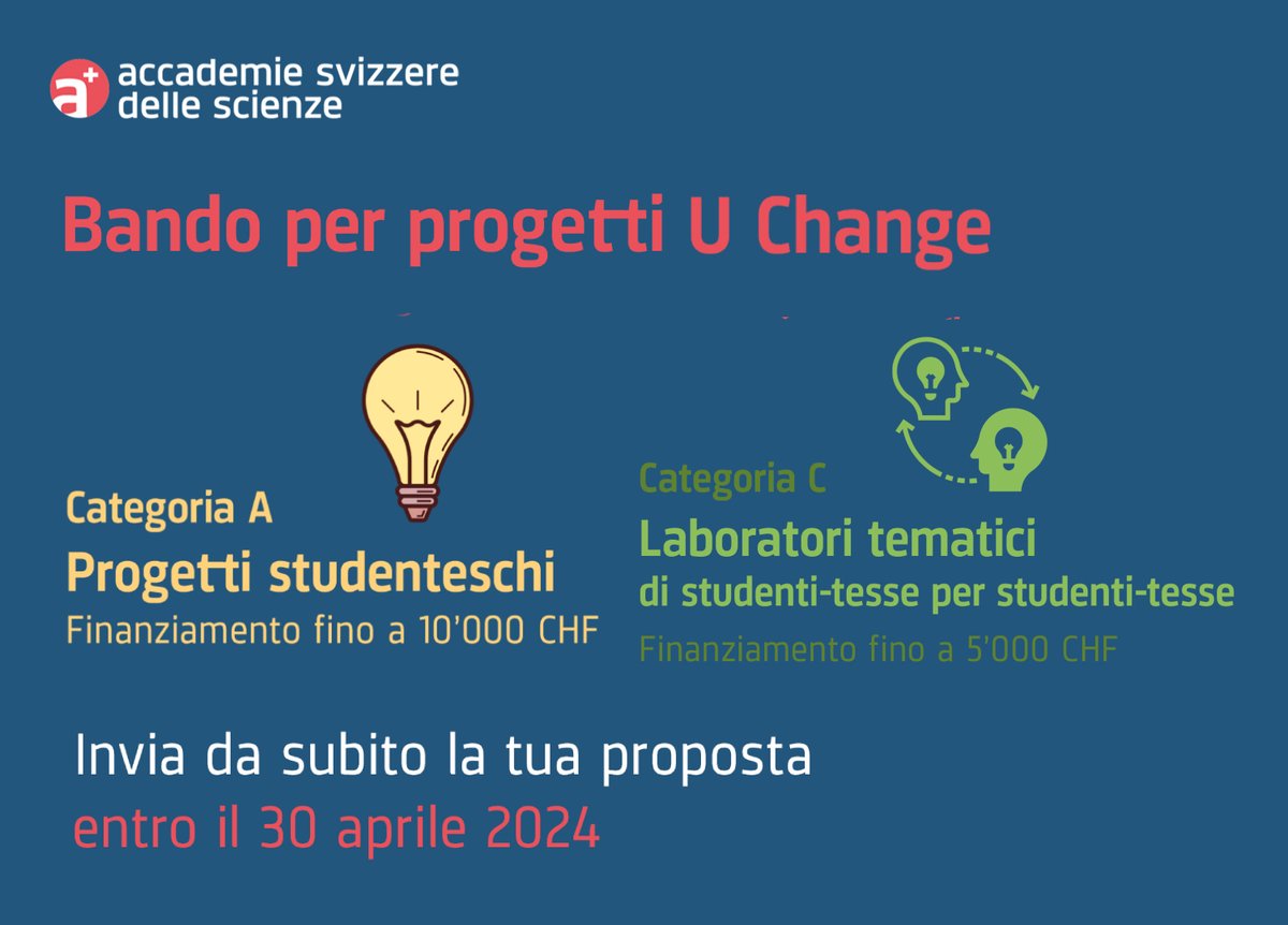 📢 L'ultimo #bando per progetti U Change è aperto fino al 30 aprile!
Se studi in una scuola universitaria (di qualsiasi tipo) in Svizzera e vuoi fare qualcosa in tema di #sostenibilità, questa è la tua occasione!
👉go.u-change.ch/submitIT