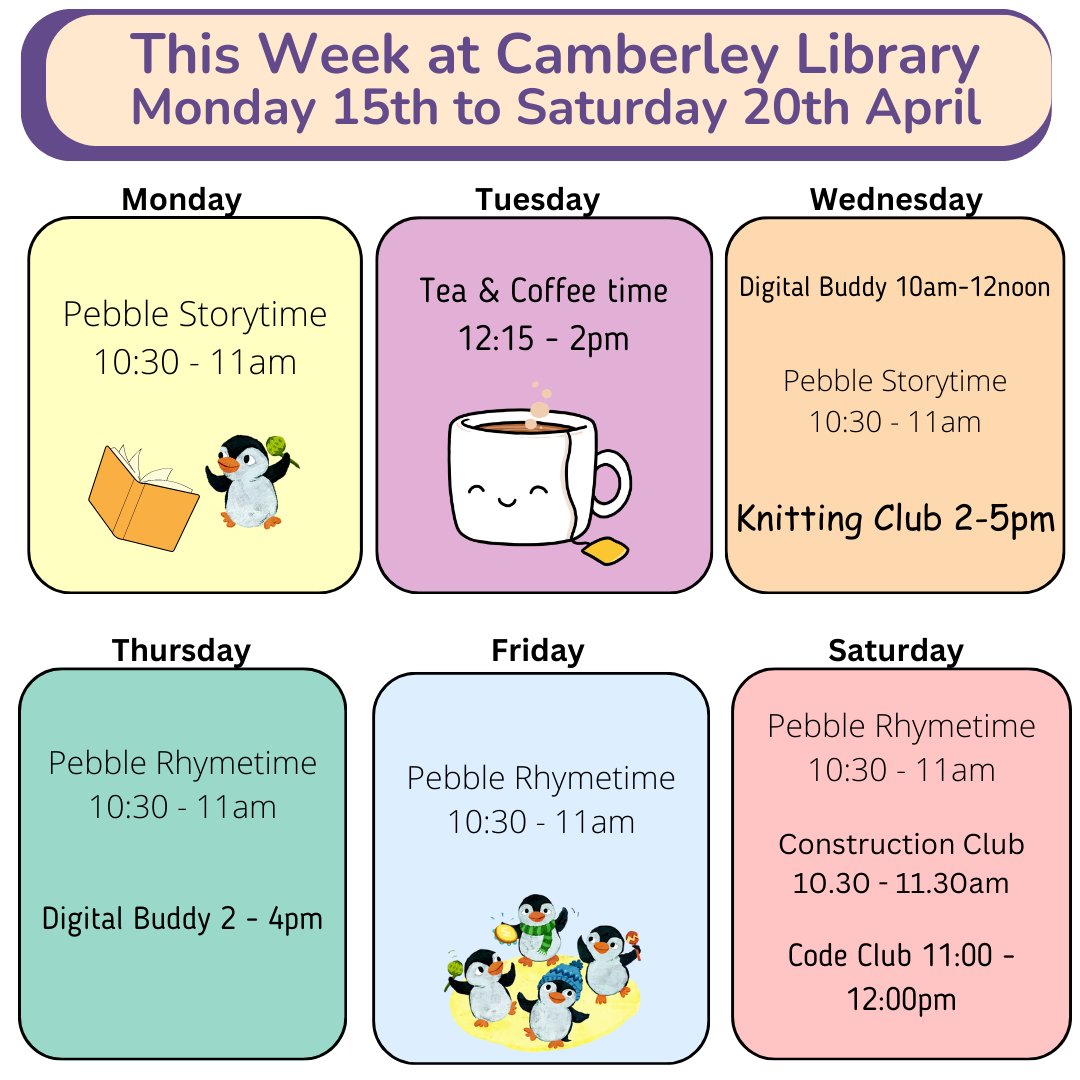 This week at Camberley Library Monday 15th - Saturday 20th April. For more information visit: surreycc.gov.uk/libraries/your…………………………………………

@SurreyLibraries

@Surreyheath

@LoveCamberley

@camberley_life

@AtriumCamberley

@CamObserved

@SurreyNews

@StMarysCamb