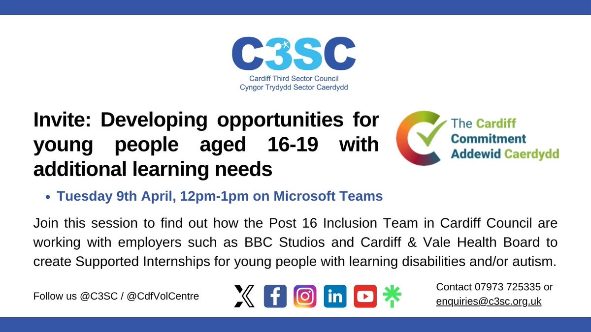 Today is #NationalSupportedInternshipDay! @CdfCommitment are running a session today 12pm-1pm via Microsoft Teams on developing opportunities for young people aged 16-19 with additional #learning needs. If you'd like to join, please email SarahJayne.Sealy2@cardiff.gov.uk