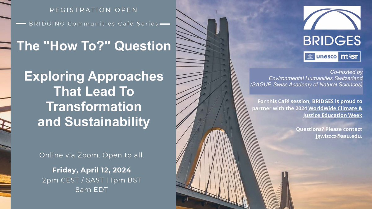 An open invitation to join Bridges Sustainability Science Coalition at our online BRIDGING Communities Cafe session where we discuss the “How To?” Question: Exploring Approaches That Lead To Transformation and Sustainability. Register to attend here: actionnetwork.org/events/the-how…