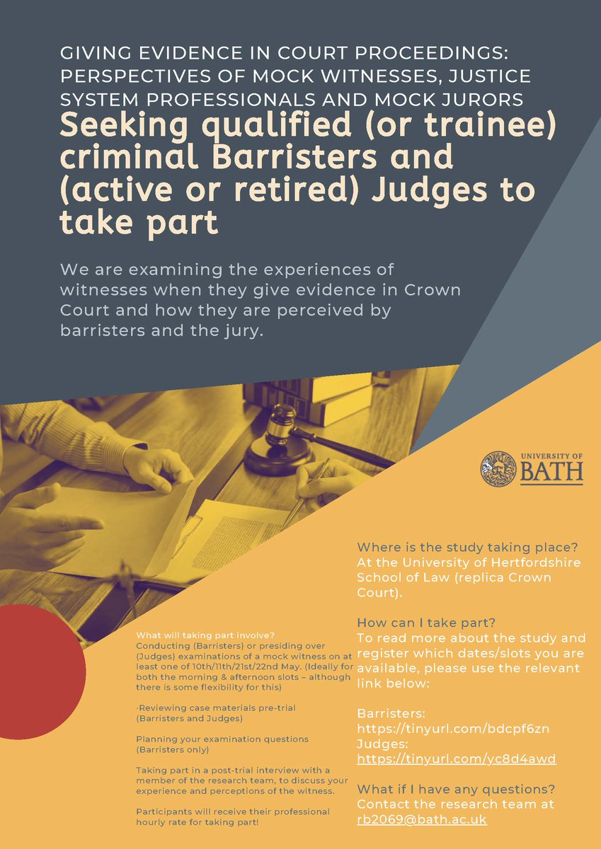 ARE YOU A CRIM BARRISTER, TRAINEE OR JUDGE. ARE YOU INTERESTED IN HOW JURIES +LEGAL PROFESSIONALS PERCEIVE JURIES? An excellent's friend's colleagues at the Uni of Bath are conducting this research which needs [PAID] barristers to cross examine witnesses in May. Can I get a r/t