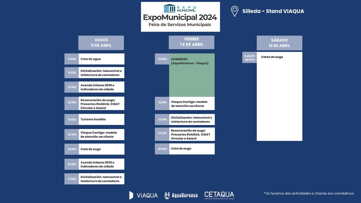 Os días 11, 12 e 13 de abril estaremos xunto a <a href="/CETAQUA/">Cetaqua</a> e #AquaOurense na Feira de Servizos Municipais @ExpoMunicipal24. Un encontro onde mostraremos os nosos compromisos coa #innovación, #dixitalización, clientes e proxectos que estamos desenvolvendo.

Achégate ao noso stand! 😉