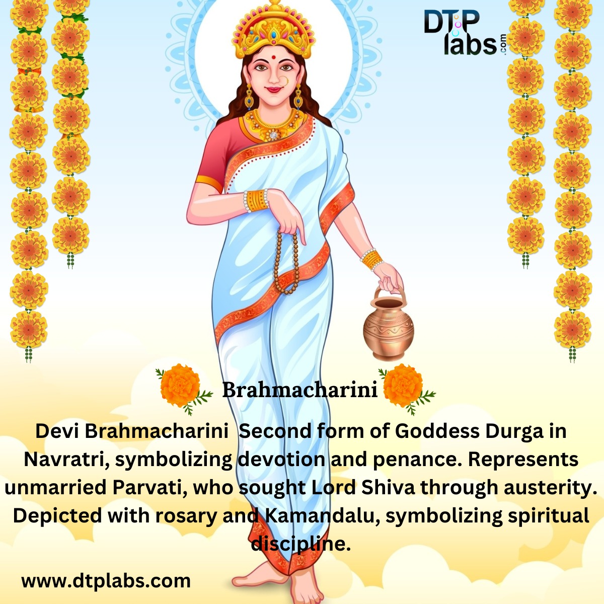 Happy Navratri! Celebrating the second day dedicated to Devi Brahmacharini, embodying devotion and austerity. May her blessings fill your life with purity and spiritual growth. . . . #Navratri #DurgaPuja #FestivalOfNineNights #dtplabs #DeviBlessings #NavratriCelebrations