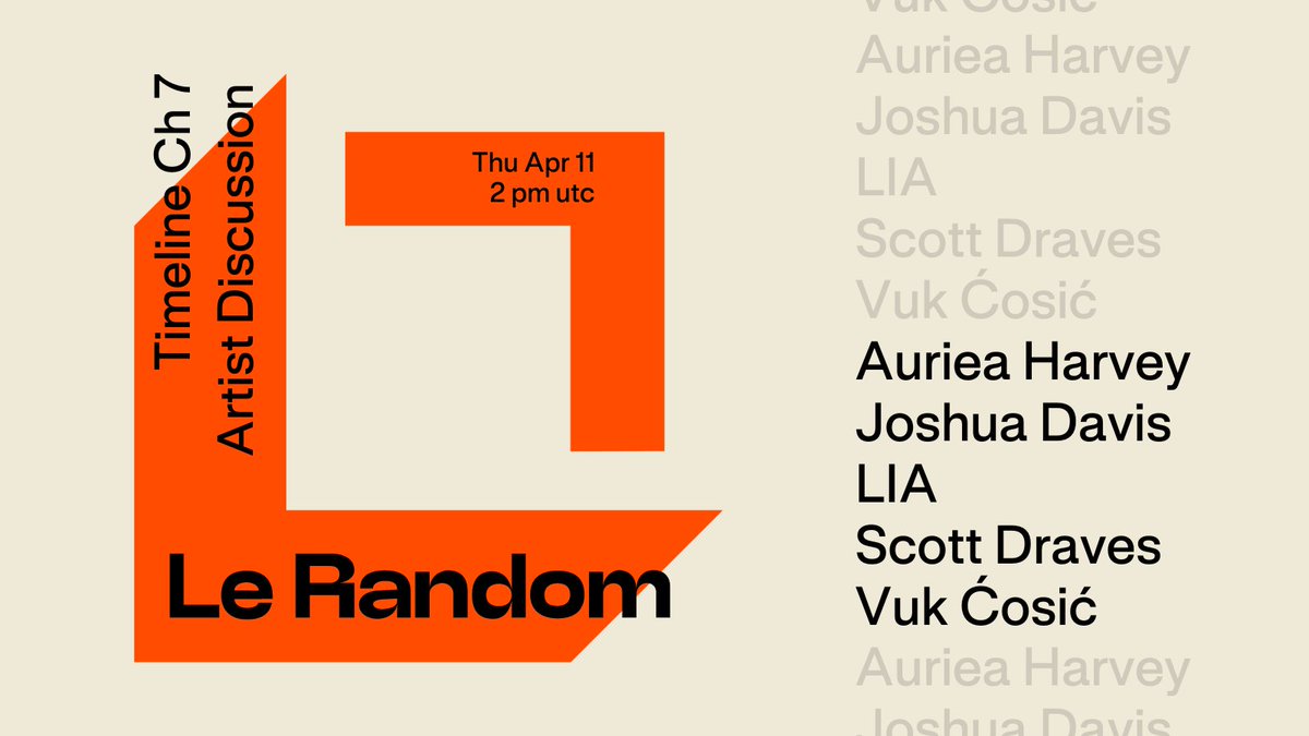 Le Random (@lerandomart) on Twitter photo Coming Thursday ππ
"Pioneering digital expression in the '90s"
ποΈ <a href="/auriea/">Auriea-bot</a> | <a href="/JoshuaDavis/">Joshua Davis / praystation.eth</a> | <a href="/liasomething/">liasomething (same handle everywhere)</a> | <a href="/scott_draves/">Scott Draves</a> | <a href="/supperman/">vuk cosic</a>
β <a href="/monkantony_tez/">Monk Antony</a> | <a href="/DlSPUTED/">conrad house (nemocake.tez)</a> | <a href="/thefunnyguysNFT/">thefunnyguys.eth/tez</a> Coming Thursday ππ
"Pioneering digital expression in the '90s"
ποΈ <a href="/auriea/">Auriea-bot</a> | <a href="/JoshuaDavis/">Joshua Davis / praystation.eth</a> | <a href="/liasomething/">liasomething (same handle everywhere)</a> | <a href="/scott_draves/">Scott Draves</a> | <a href="/supperman/">vuk cosic</a>
β <a href="/monkantony_tez/">Monk Antony</a> | <a href="/DlSPUTED/">conrad house (nemocake.tez)</a> | <a href="/thefunnyguysNFT/">thefunnyguys.eth/tez</a>