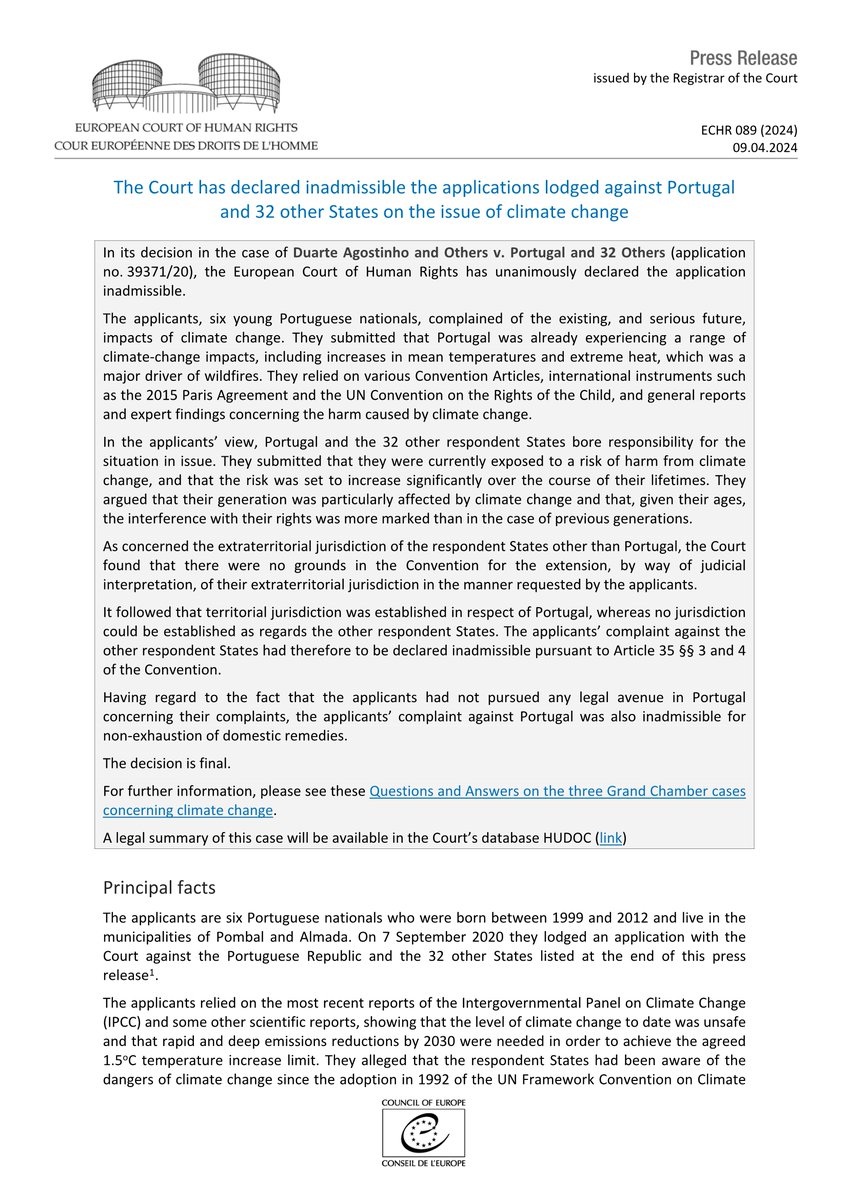 Grand Chamber decision Duarte Agostinho and Others v. Portugal and 32 Others - inadmissible hudoc.echr.coe.int/app/conversion… #ECHR #CEDH #ECHRpress