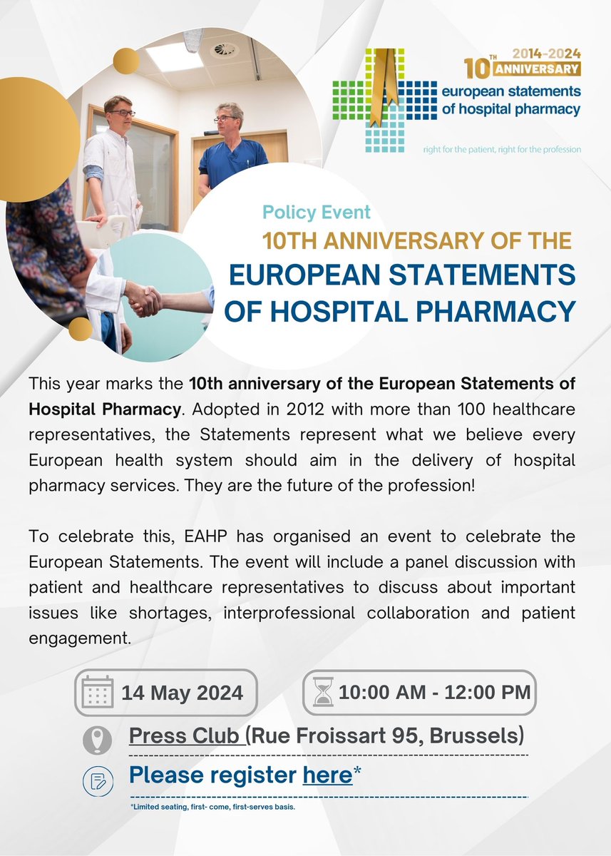 💡Did you know? 🟦 On May 14, we are celebrating the 10th Anniversary of the European Statements of Hospital Pharmacy 🎉 We are organising an event in Brussels for this occasion. Register here! 👉 forms.office.com/e/vwByw8W2A3 #EAHP2024 #10AnniversaryEuropeanStatements
