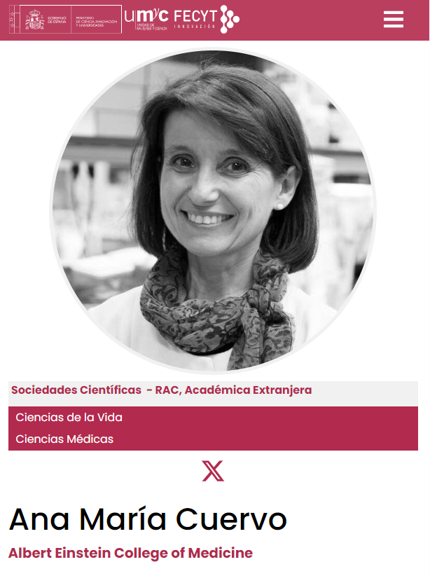 Hoy en #11F365 Ana María Cuervo. Lcda. Medicina y Dra. Biología celular. Profesora distinguida en @EinsteinMed, Codirectora #EinsteinInstituteforAgingResearch, directora @AMCuervoLab y referencia mundial en el estudio del envejecimiento y la autofagia. cientificasinnovadoras.fecyt.es/cientificas/an…