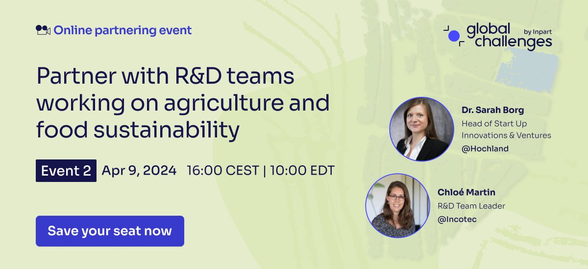 ⏰ Final call! Don’t forget to sign up to today’s free online partnering event with Hochland and @Incotec_group outlining their R&D priorities in agritech and sustainable food 🌱 

Join us today, April 9 at 4pm CEST to learn more 👇 : 

eu1.hubs.ly/H08vpf20

#onlineevents