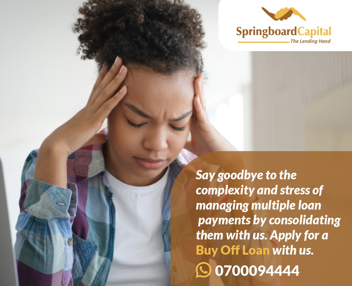 Stressed over so many loan due dates?Consolidate all of these under Springboard Capital,the financial partner with the best terms and rates.💸 To apply for our Buy Off Loan, visit our website: springboardcapital.co.ke/buy-off-loans/ or Call/WhatsApp 0700094444 #SBC #TheLendingHand #BuyOffLoan