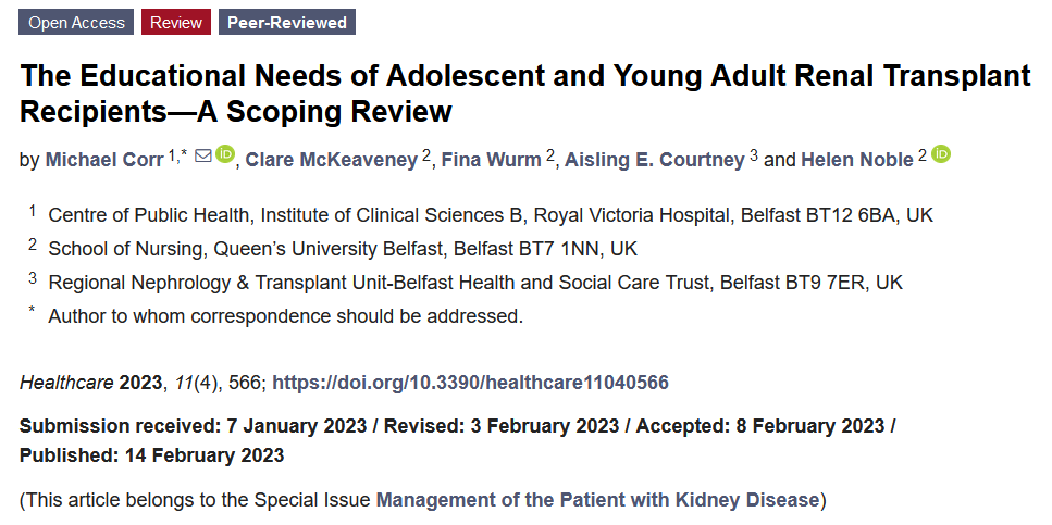 📢#Recommendedpaper

'The Educational Needs of #Adolescent and Young Adult #Renal #Transplant Recipients—A Scoping Review' by Michael Corr et al. @CorrMP @ClareMckeaveney @QUBelfast

📌Find the full paper here: mdpi.com/2227-9032/11/4…