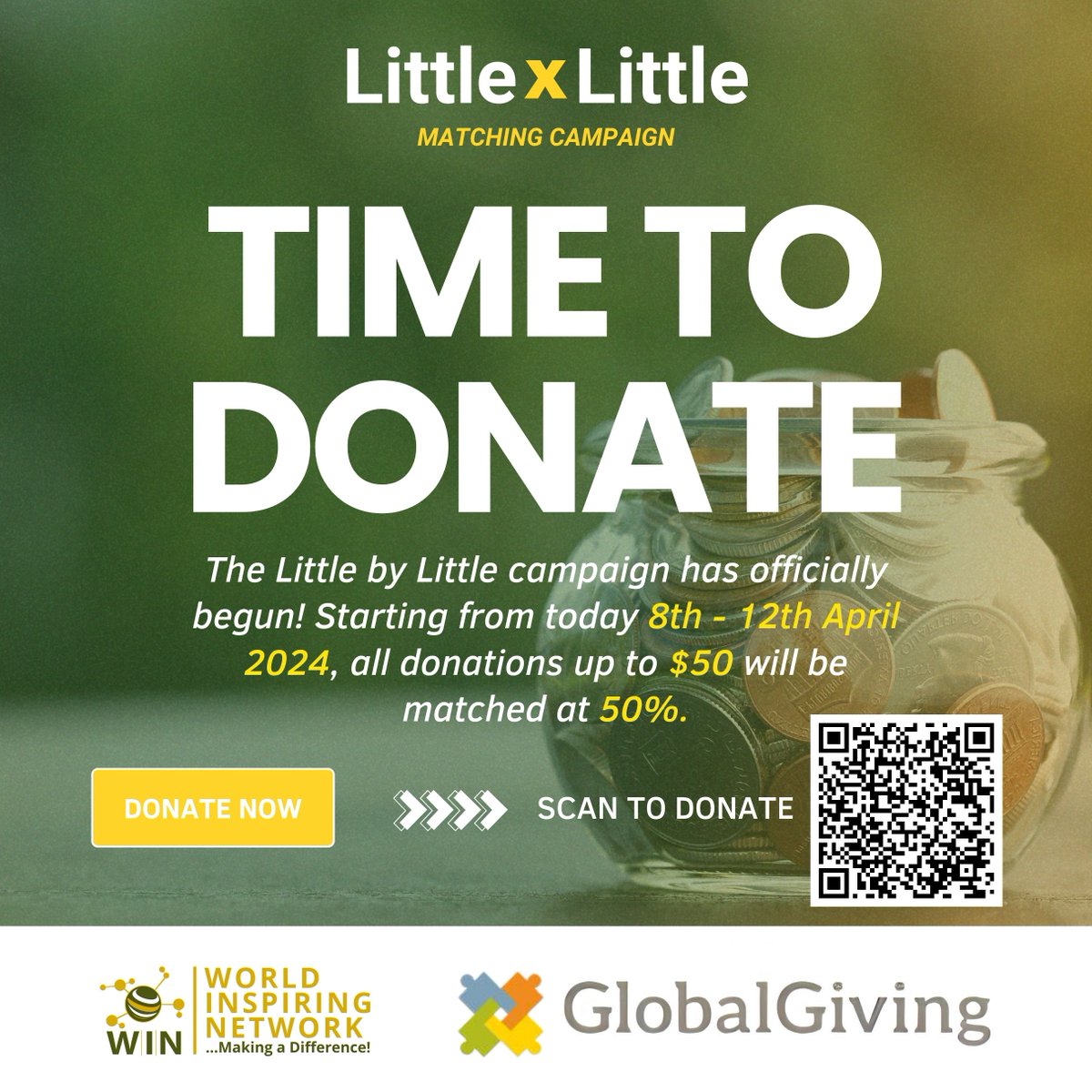 worldINetwork's tweet photo. The GlobalGiving Little by Little campaign is live! Every $10 becomes $15, $20 becomes $30, and $50 becomes $75! Donate now and double your impact!

Donate Now: https://t.co/YyFmYRYoPy 

#LittleByLittle #GlobalGiving #WorldInspiringNetwork #LittlexLittle #LXL #Giving https://t.co/sAnn1UMjSM