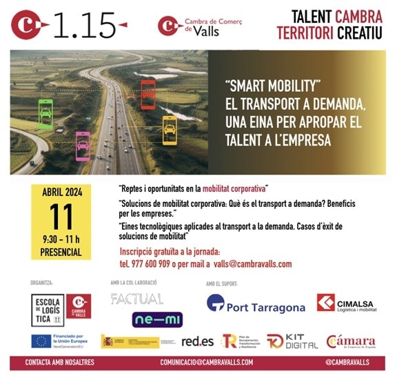 📢Aquest dijous parlarem del transport a demanda per millorar la mobilitat de les persones que treballen a les empreses de la demarcació de la Cambra. 🕓 De 9:30 a 11h 📍Sala d'actes de la Cambra de Valls 👇