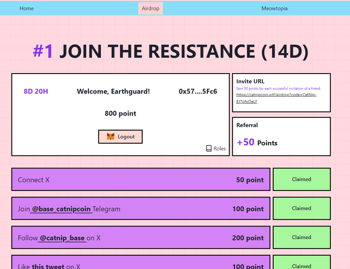 🥳🥳New features launch on #website 

1️⃣ Earn 50 points for every successful friend referral, with no limits. Start inviting now!
catnipcoin.wtf/airdrop
2️⃣ Earn 1000 points
Swap at least 6,000,000 $CATNIPCOINT on <a href="/Uniswap/">Uniswap Labs 🦄</a>  
app.uniswap.org/swap?chain=bas…

#CATNIPCOIN #MEME #UNISWAP
