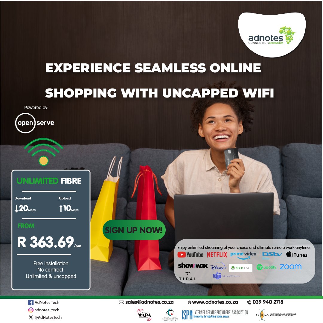 Shop 'til you drop without worrying about data limits! Experience seamless online shopping with uncapped WiFi from adnotes.co.za. #UncappedWiFi #OnlineShopping #FTTH #WIFI #AdNotes #ConnectingCommunities