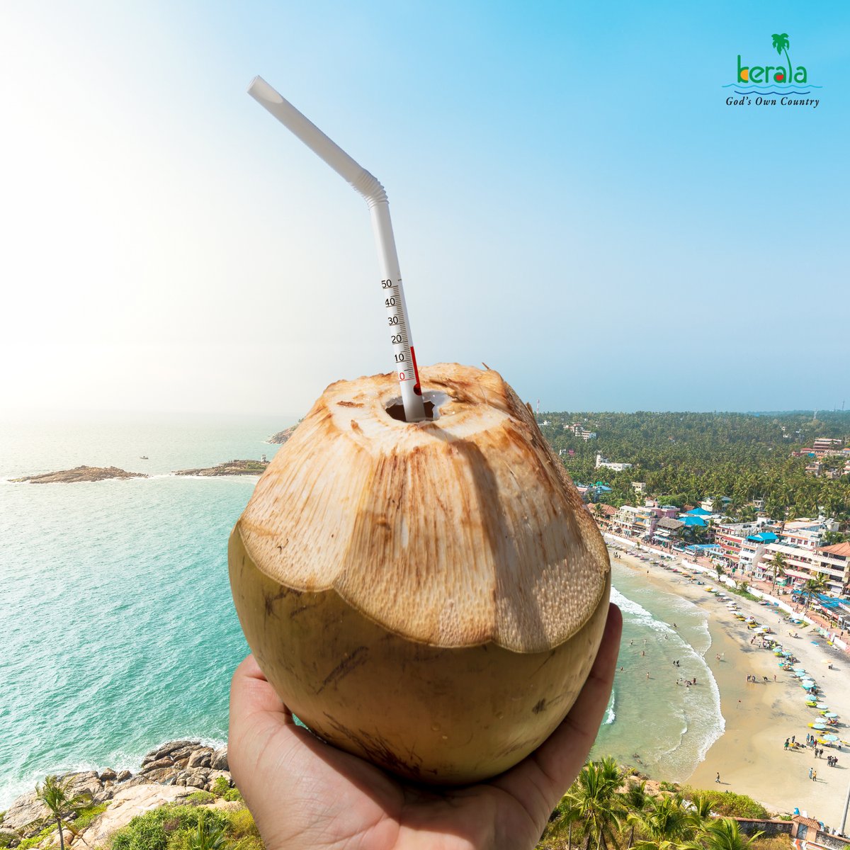 Savour the refreshing chill with every sip. #TenderCoconut #Summer #Heat #Thermometer #KeralaTourism