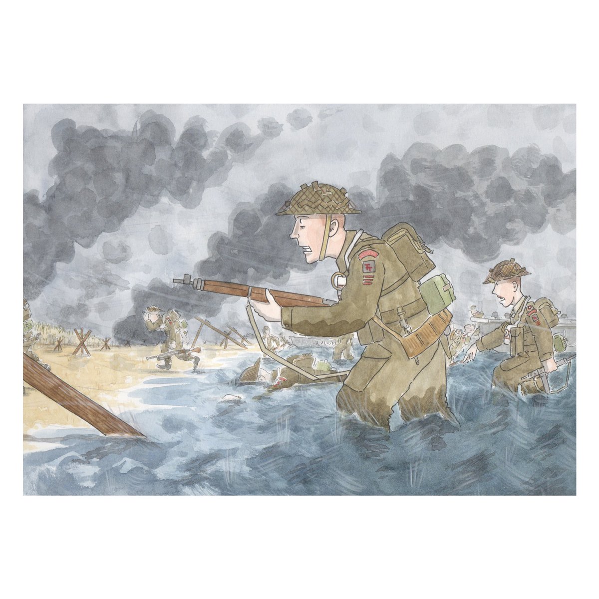 FIRST ON THE BEACH At 0730 on D-Day men of 1 DORSET were amongst the first British troops on Normandy soil. Under a hail of fire they waded towards the beach and began the fight to liberate Europe. - Prints available here: timgodden.co.uk/shop/p/1-dorse… #ww2 #DDay80