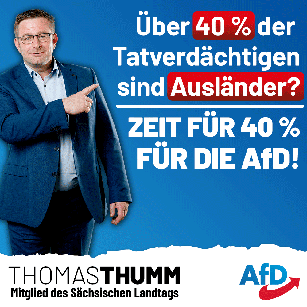 40 % der #Tatverdächtigen sind #Ausländer? Zeit für 40 % für die #AfD! #Kriminalstatistik

Mehr erfahren:
facebook.com/Thomas.Thumm.M…