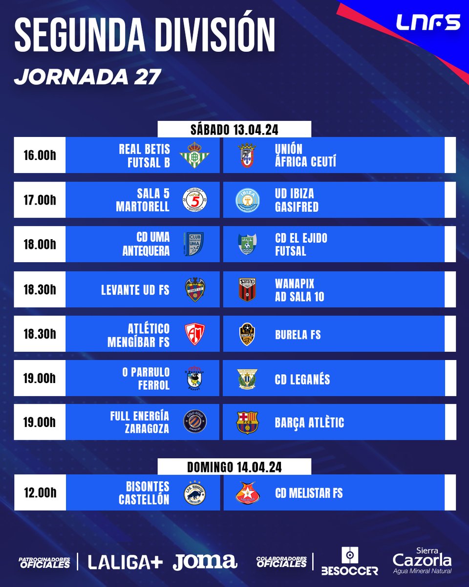 🔛 ¡𝗧𝗼𝗱𝗼 𝗹𝗶𝘀𝘁𝗼! 🆚⚽ La Jornada 27 de Segunda División acapara el protagonismo con muchos objetivos en juego #LNFS #LigaFutsalProfesional