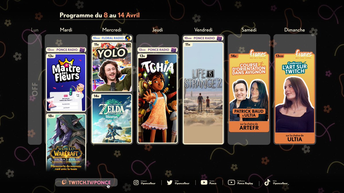 Programmation de la semaine ! 🌸 (Big semaine, et probable Content Warning mercredi matin omg) twitch.tv/ponce