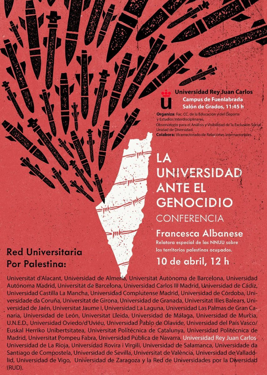 diversidad_urjc's tweet photo. Os invitamos MAÑANA a la Conferencia "La Universidad ante el Genocidio", de Francesca Albanese, Relatora Especial de NNUU para los Territorios Palestinos Ocupados. Será sin inscripción hasta completar aforo:

📅 10/04/2024
🕒 11:45
📍 Salón de Grados, Campus de Fuenlabrada https://t.co/ING80lCdDb