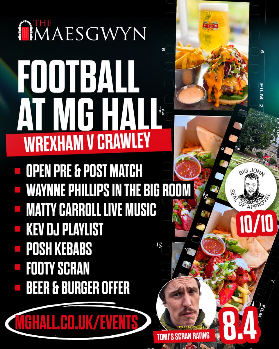 🍺⚽️ UP THE TOWN!!!⚽️ 🍺 Today at Maesgwyn... ✅OPEN PRE & POST MATCH ✅WAYNNE PHILLIPS IN THE BIG ROOM ✅MATTY CARROLL LIVE MUSIC ✅KEV DJ PLAYLIST ✅POSH KEBABS (TOMI SCRAN RATING 8.4) ✅FOOTY SCRAN ✅BEER & BURGER OFFER ❌ Please note: NO PARKING❌