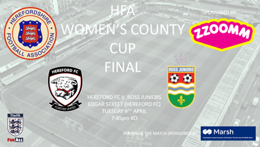 Tonight the @Zzoommfullfibre HFA Women’s County Cup Final takes centre stage! Hereford FC v Ross Juniors Women Venue: Edgar Street Kick Off: 7:45pm Entry fees: £7/£5/£3