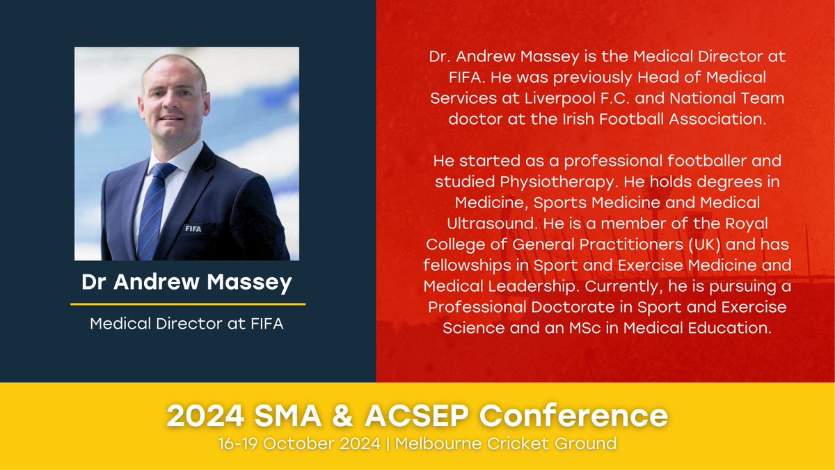 We're excited to share that Dr. @andy_massey, a renowned expert in SEM, will be one of our keynote speakers! He will be sharing his experience particularly in Football Medicine, which will provide some great insights into the field. Early bird regos! 👉 shorturl.at/chiEP'