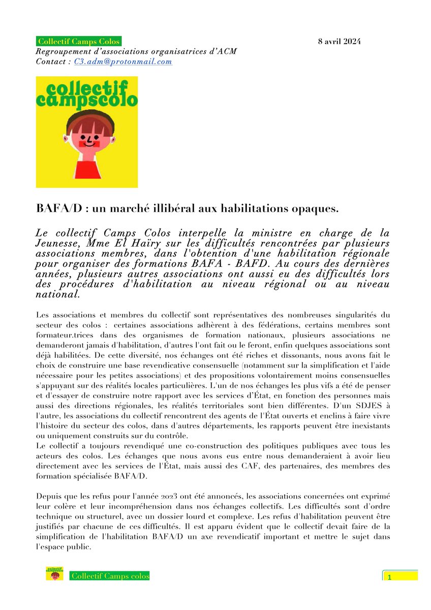 CampsColos's tweet photo. BAFA/D : un marché illibéral aux habilitations opaques.
@CampsColos interpelle @sarahelhairy sur les difficultés rencontrées par les associations dans l'obtention d'une habilitation régionale pour les formations #BAFA #BAFD.
https://t.co/c56uBexiGT
1/2 https://t.co/BXnPuWINFK