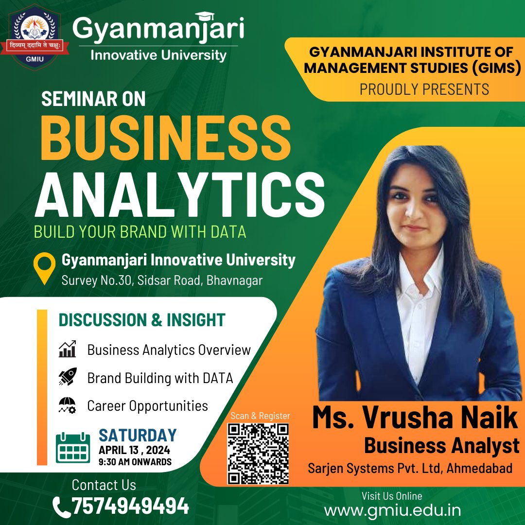 Gyanmanjari Institute of Management Studies (GIMS), proudly Presents
Seminar On 'Business Analytics:  Build Your Brand with DATA'
Expert: Ms. Vrusha Naik - Business Analyst - Sarjen Systems Pvt. Ltd, Ahmedabad

forms.gle/tC7aqaBn1Uqgtp…