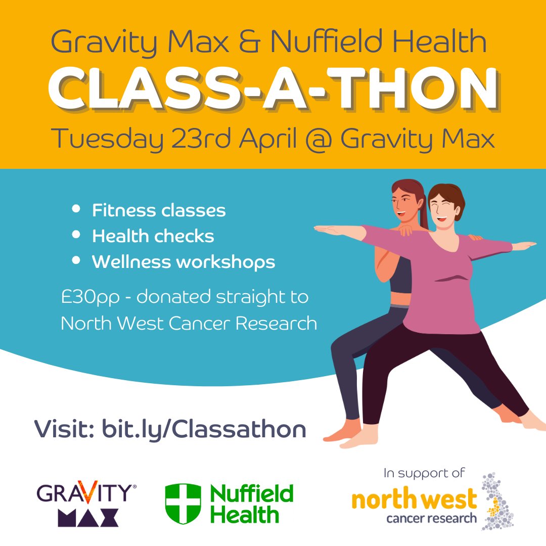 Join @NuffieldHealth & Gravity Max Liverpool for a jam-packed day of health and wellbeing at their Class-a-thon, supporting life-saving cancer research. Get your ticket now: bit.ly/Classathon (Limited to 80 places)