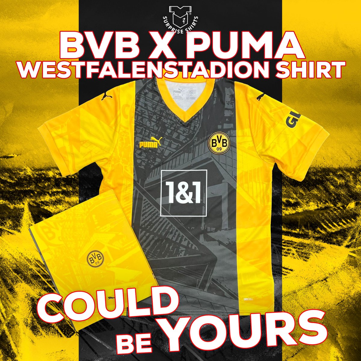 Everyone who buys a Surprise Shirt today has chance to win the Borussia Dortmund 'Westfalenstadion' shirt! 😍 Celebrating 50 years of the home of the iconic Yellow Wall, it comes in unique collector's box 🔥 It could be yours 👀👇 surpriseshirts.co.uk