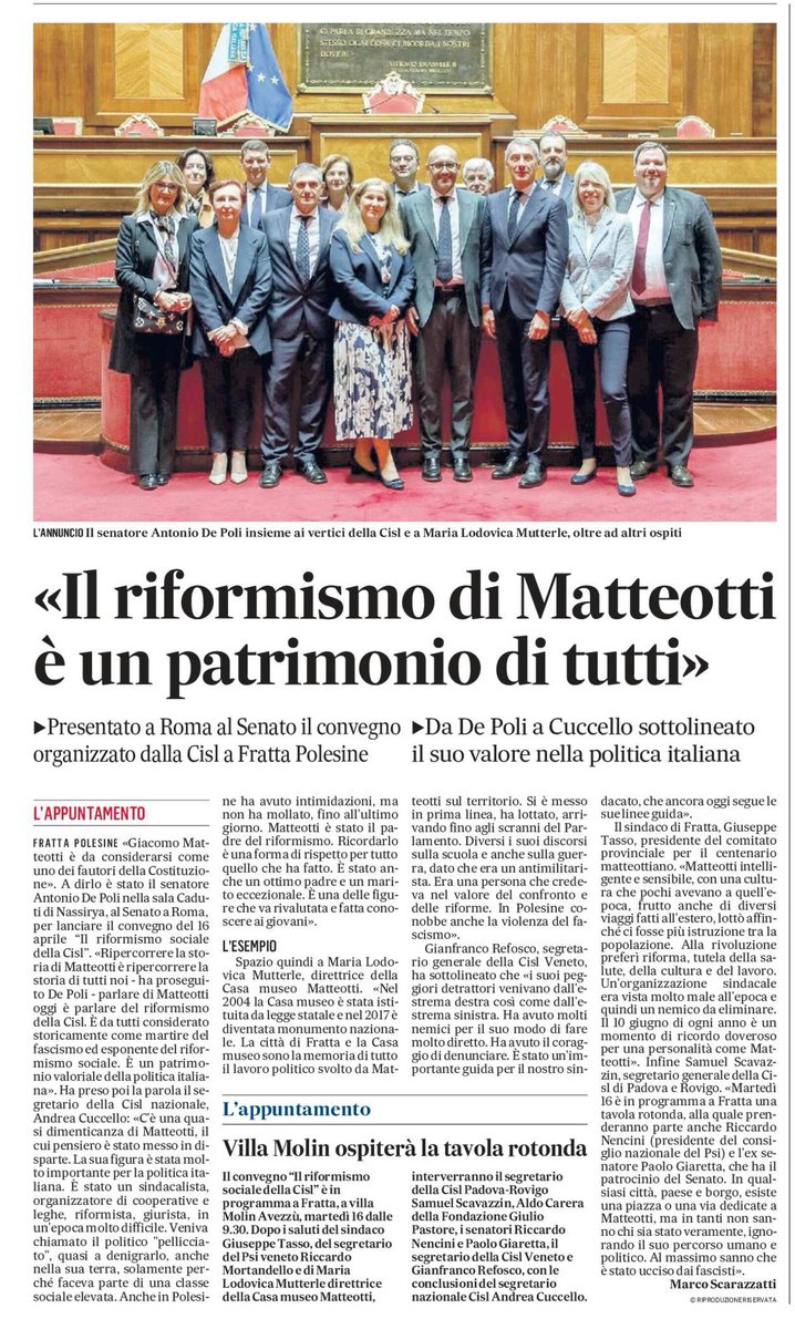 🗞️Su @lavocedirovigo e @Gazzettino la conferenza stampa di ieri in Senato nel centenario dell’uccisione di Giacomo Matteotti, con il sen. @AntonioDePoli e i segretari della @CislPdRo @SScavazzin, della @UsrVeneto @grefosco e della @CislNazionale Andrea @Cuccello.