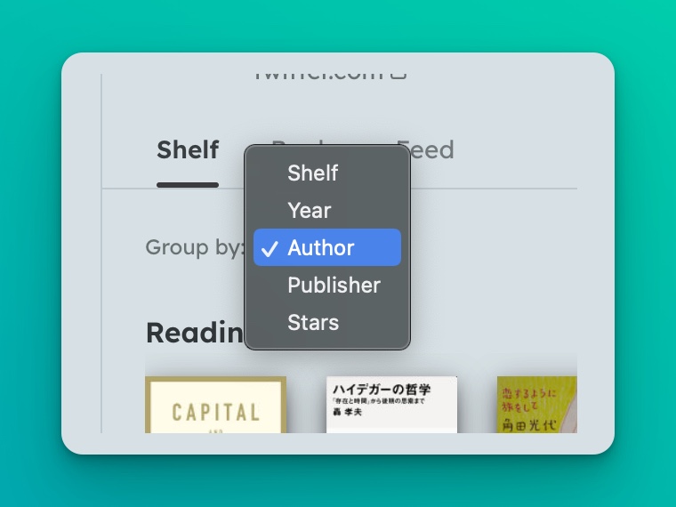 HondanaApp's tweet photo. Now you can organize the shelf however you like👇 You can group either by year, author, publishers, review stars, etc.  This change also applies to how it look for others too. https://t.co/uhrnQHymQT