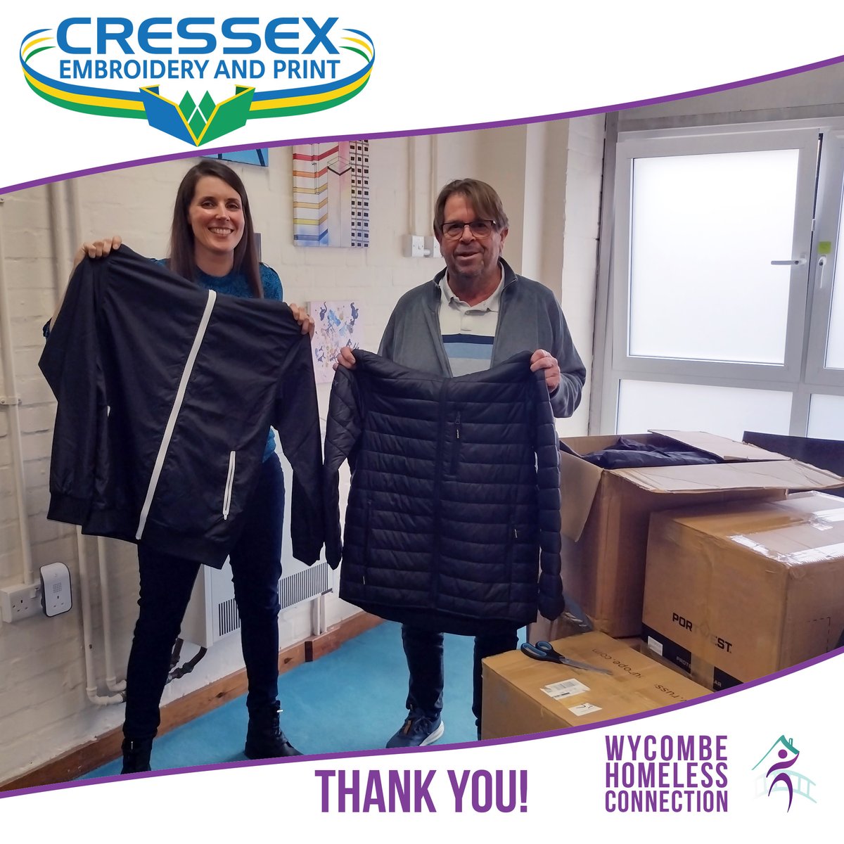 Our support workers Manon and Kevin were thrilled to receive a huge donation of clothing from @CressexEmb. These will help people who are sleeping rough to layer up and stay safer and warmer while we work towards finding suitable accommodation for them.