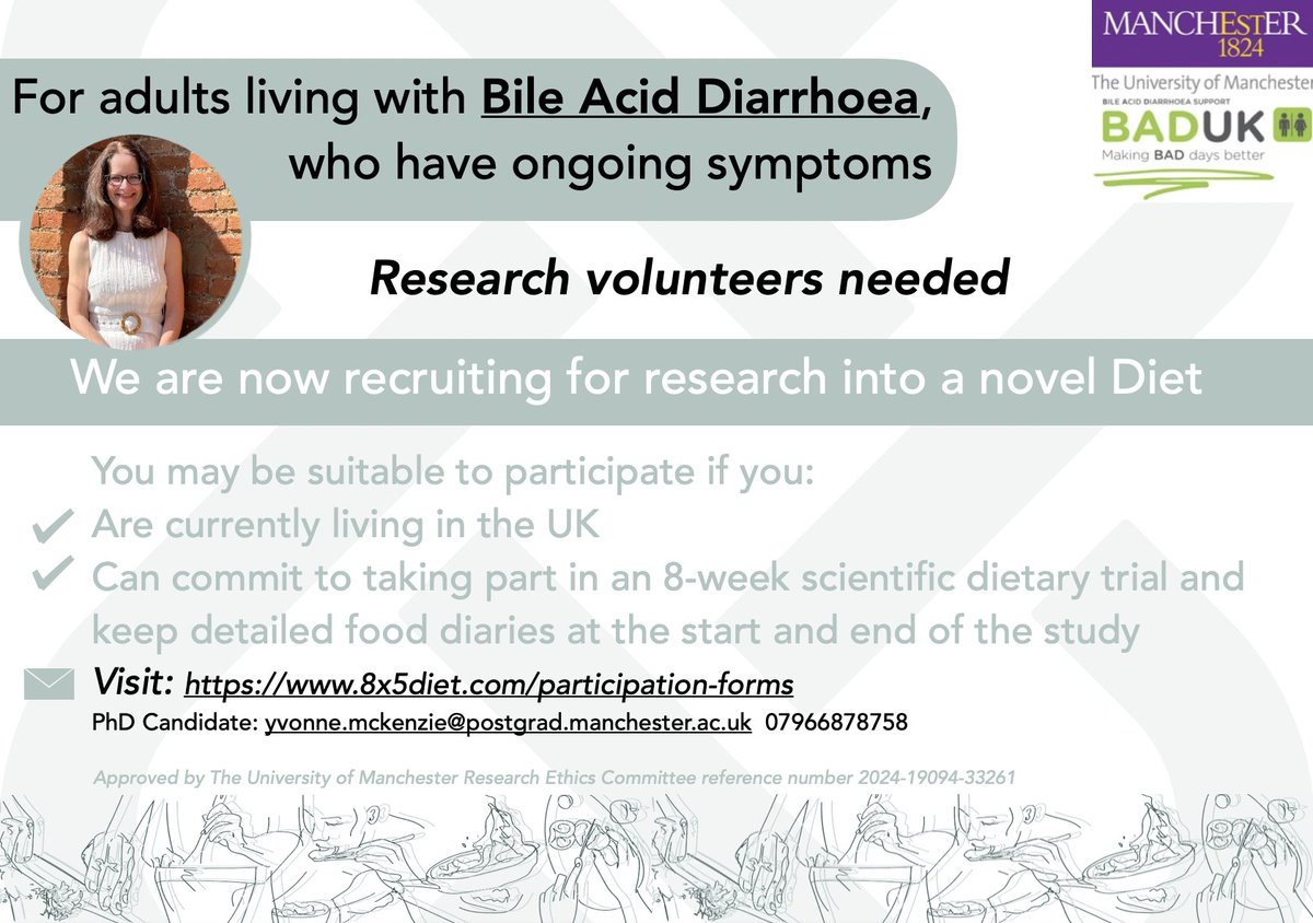 🆕 Research Study: Bile Acid Diarrhoea Recruiting NOW! #WhatWeEatMatters 🥕🧀🍅🍰🍏 See: 8x5diet.com/participation-… @baduksupport @GutsCharityUK @BritSocGastro @bda_gastro @sorrelburden @Prof_Chris_Todd #usedforresearchpurposes_UniversityofManchester