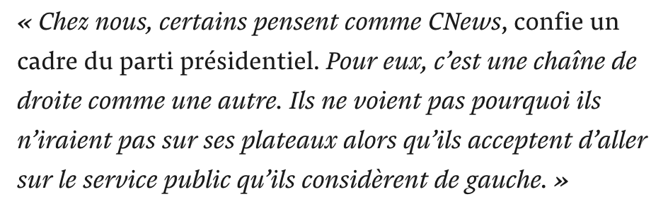 Pourquoi autant de macronistes se pressent-ils dans les médias Bolloré ? Réponse d’un cadre du parti présidentiel (entendue dans plusieurs autres bouches). mediapart.fr/journal/politi…