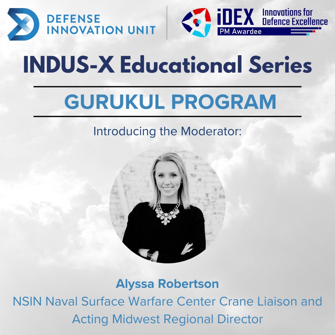 @USC @USCMarshall @SpokespersonMoD @DefProdnIndia @NSIN_us @DIU_x @VyasSupplyChain @IndianEmbassyUS @USAndIndia @USIBC @USISPForum @larsentoubro Excited to announce Alyssa Robertson @NSIN_us Naval Surface Warfare Center Crane Liaison and Acting Midwest Regional Director as the esteemed moderator for the upcoming Gurukul Session under INDUS X initiative scheduled for 10th Apr 24. 1700 Hrs Register: nsin.mil/events/2024-04…