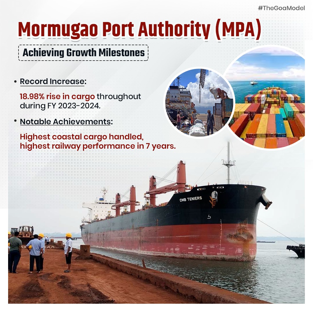 Mormugao Port Authority sails to new heights! Record-breaking 18.98% increase in cargo throughput during FY 2023-2024. Achieving milestones with highest coastal cargo and remarkable railway performance. #MormugaoPort #TheGoaModel #MormugaoPortAuthority #RailwayPerformance